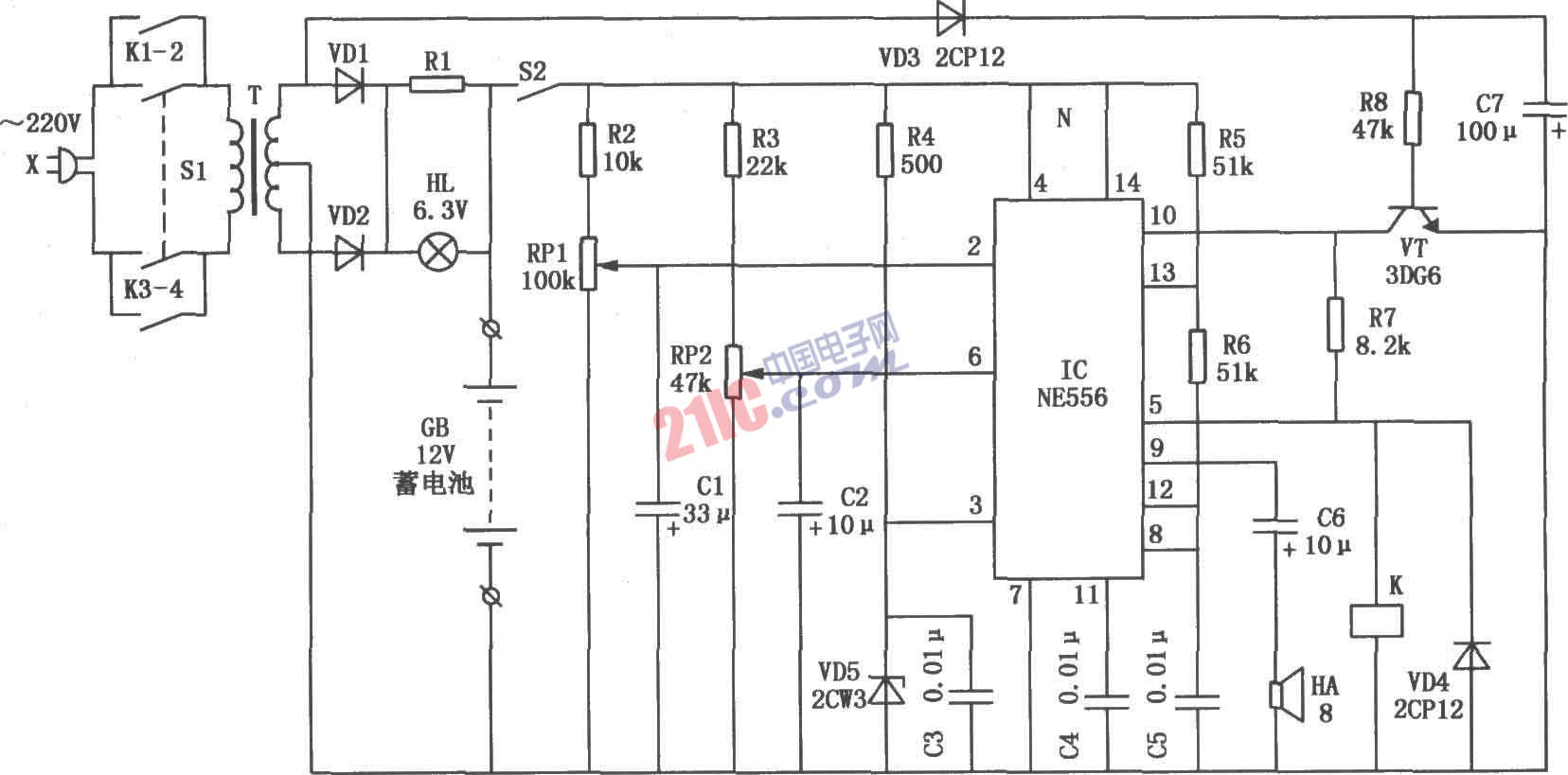 NE556構(gòu)成的發(fā)電機(jī)啟動蓄電池的全自動監(jiān)控電路