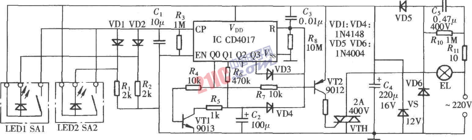 <strong><strong>CD4017</strong></strong>構成的延時燈<strong><strong>控制器電路</strong></strong>