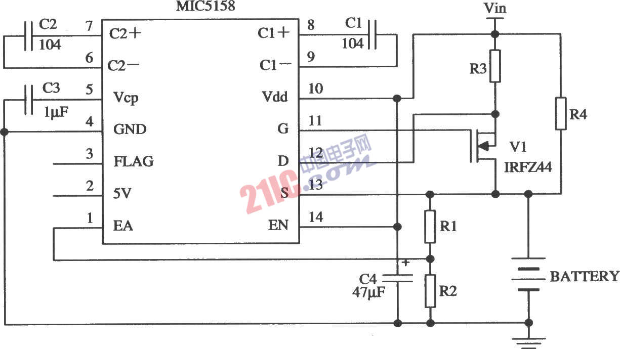 由MIC5158構(gòu)成的電池充電電路