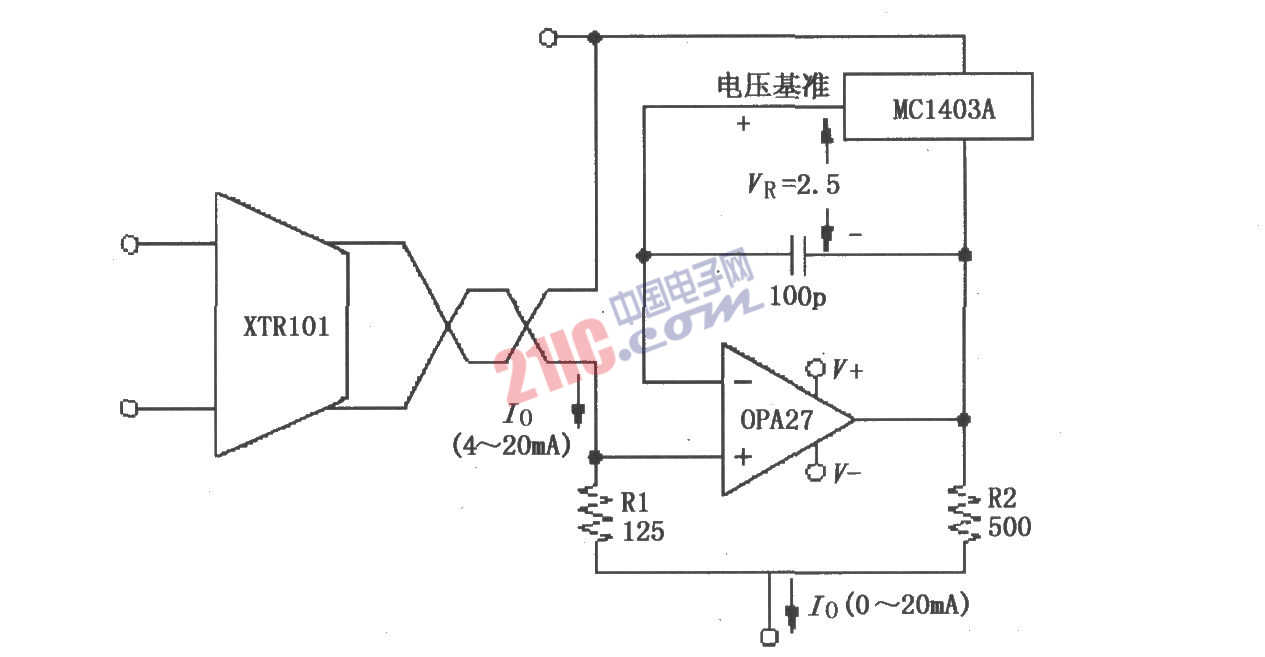 XTR101 0～20mA輸出變換<strong>電路圖</strong>
