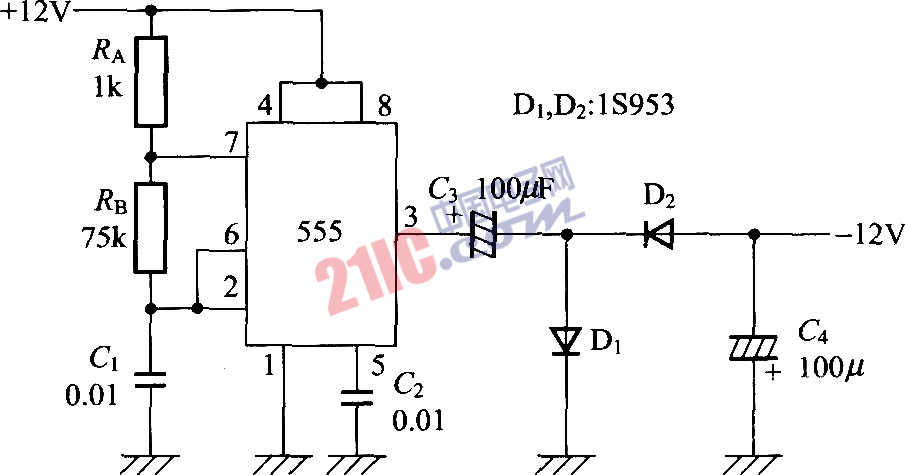 使用Timer IC555的負<strong>電壓</strong>發(fā)生<strong>電路圖</strong>