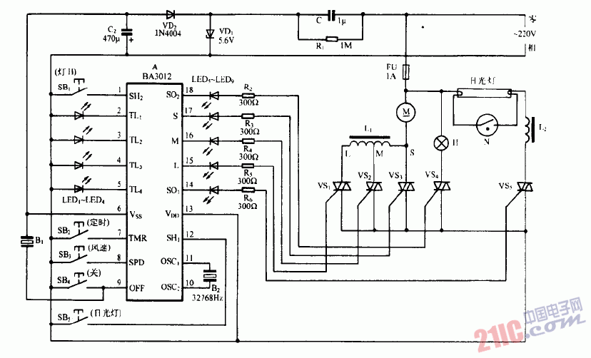 巧用BA3101作家庭風(fēng)扇與<strong>照明控制器</strong>電路圖