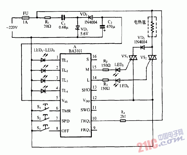 巧用BA3101作<strong>電熱毯</strong><strong>控制器電路圖</strong>