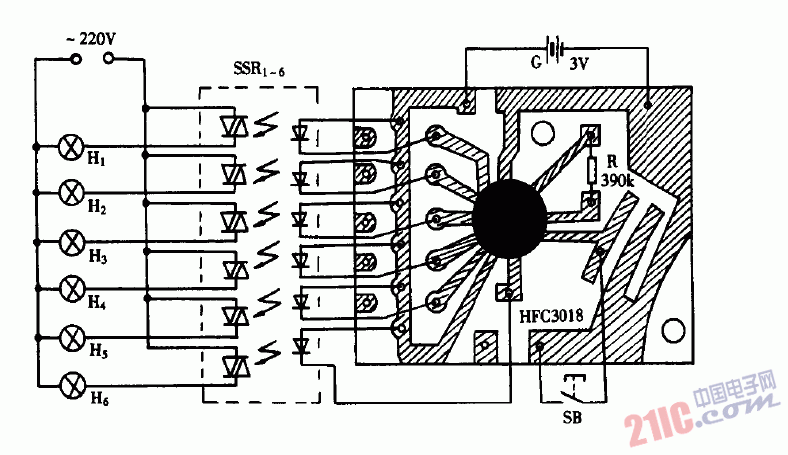 巧用HFC3018作六路彩燈<strong>控制器電路圖</strong>