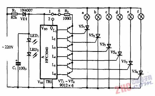巧用HFC3040作六路彩燈<strong>控制器電路圖</strong>