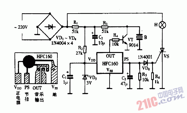 巧用KFC160作<strong>彩燈</strong><strong>音樂控制器</strong>電路圖