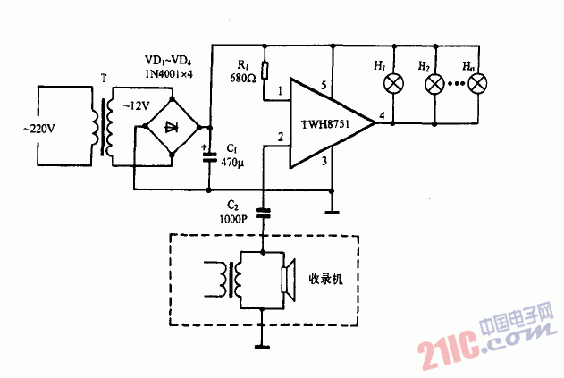 巧用TWH8751作<strong>音樂(lè)彩燈</strong><strong>控制器電路圖</strong>