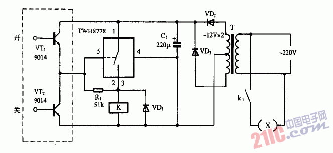 巧用TWH8778作雙鍵<strong>觸摸開關(guān)</strong>電路圖