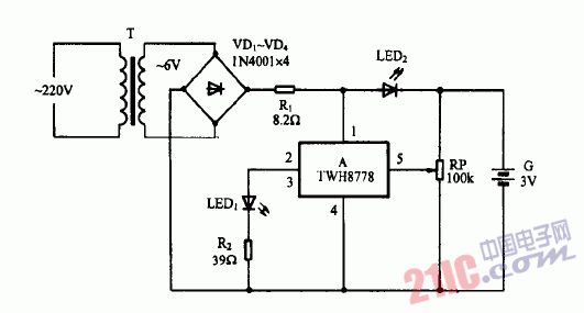巧用TWH8778作<strong>鎳鎘電池</strong>簡(jiǎn)易<strong>充電器電路圖</strong>