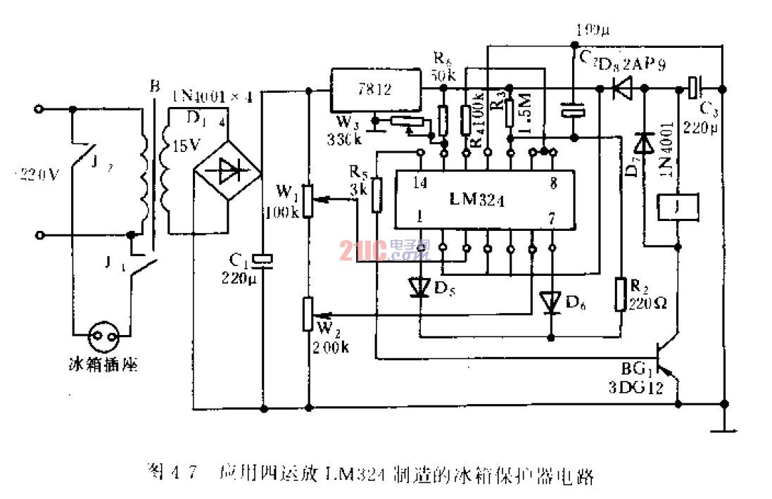 應(yīng)用四<strong>運(yùn)放</strong><strong>LM324</strong>制造的冰箱<strong>保護(hù)器</strong><strong>電路</strong>.jpg