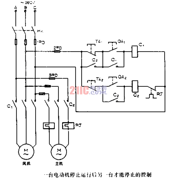 一臺(tái)<strong>電動(dòng)機(jī)</strong>停止運(yùn)行后另一臺(tái)才能停止的<strong>控制電路圖</strong>.gif