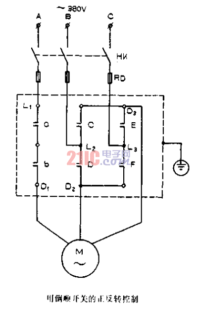 用倒順<strong>開關(guān)</strong>的<strong>正反轉(zhuǎn)控制</strong>電路圖.gif