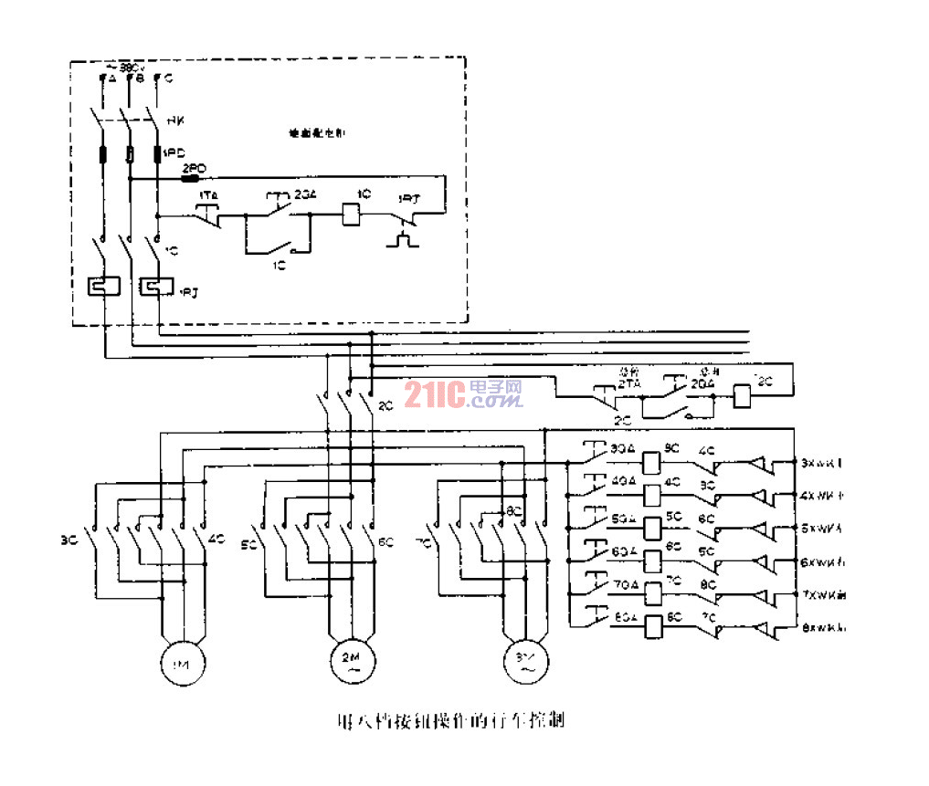 用八檔按鈕操作的行車(chē)<strong>控制電路圖</strong>.gif