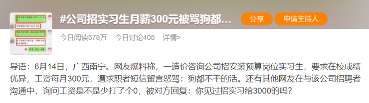 某公司招實習生月薪只有300元，被網(wǎng)友罵上熱搜！