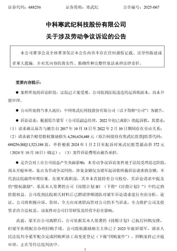 寒武紀(jì)前CTO天價(jià)索賠43億元！是獅子大開口，還是權(quán)益受損？