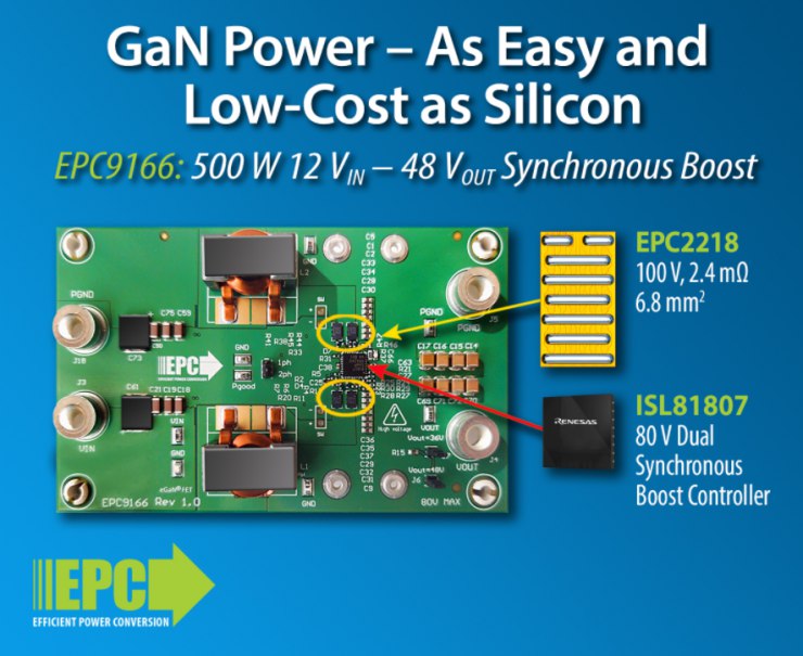EPC推出基于氮化鎵器件的12 V/48 V、500 W 升壓轉(zhuǎn)換器演示板，BOM尺寸與硅器件相同，可實現(xiàn)高效率和高功率密度