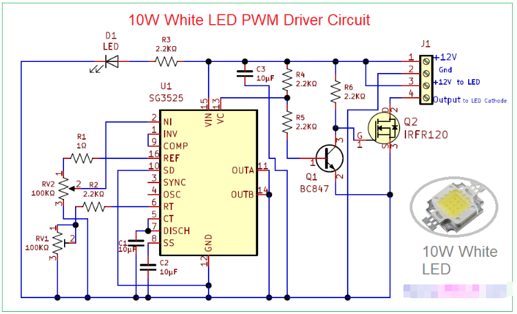 SG3525A的10W白光LED PWM驅動電路圖