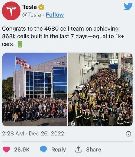 4680電池成本大降54%，特斯拉或?qū)⒃俳祪r