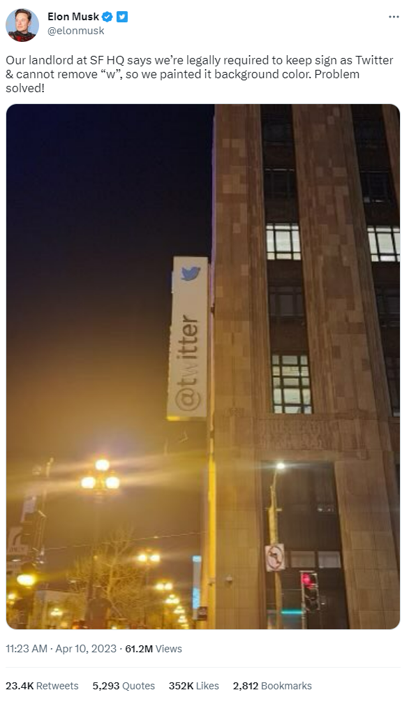 馬斯克將推特改名 Titter，美國(guó)總部 W 字母被涂白