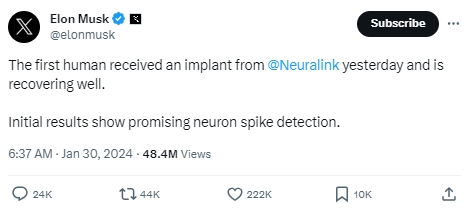 首位人類植入Neuralink腦機(jī)芯片，馬斯克：患者恢復(fù)良好！