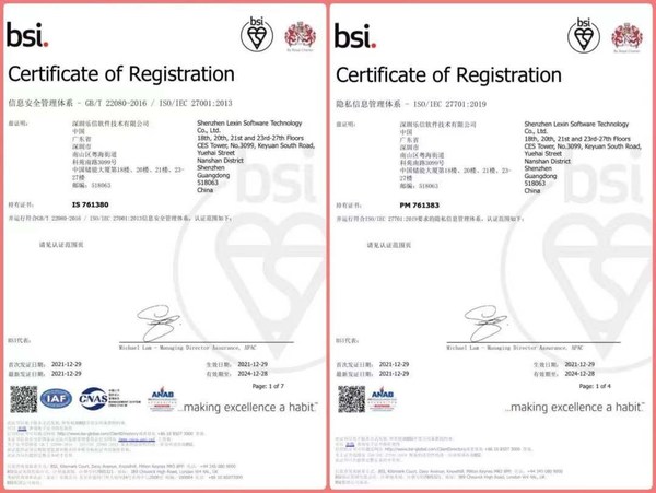 BSI授予樂信ISO/IEC 27001及ISO/IEC 27701兩項(xiàng)國際權(quán)威認(rèn)證