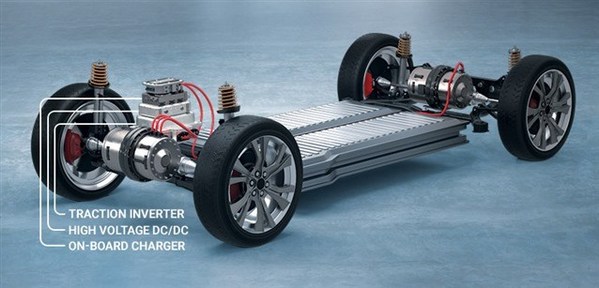 圖1：電動汽車動力總成，包括：牽引逆變器、高壓直流/直流和車載充電器