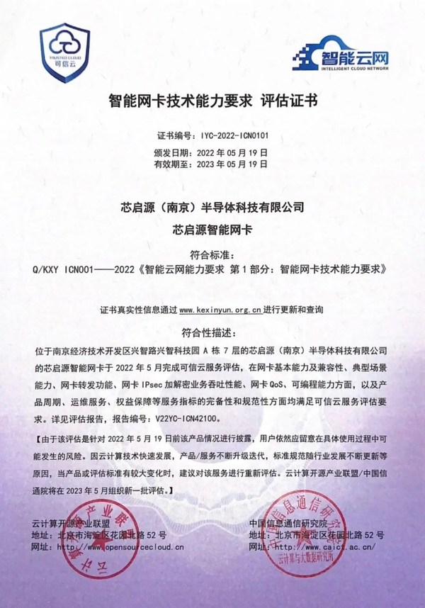 中國(guó)信通院“智能網(wǎng)卡技術(shù)能力要求”評(píng)估證書