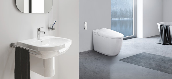 從左到右：德國高儀歐瑞斯瑪單把手面盆龍頭；德國高儀艾吉娜智能座廁系列