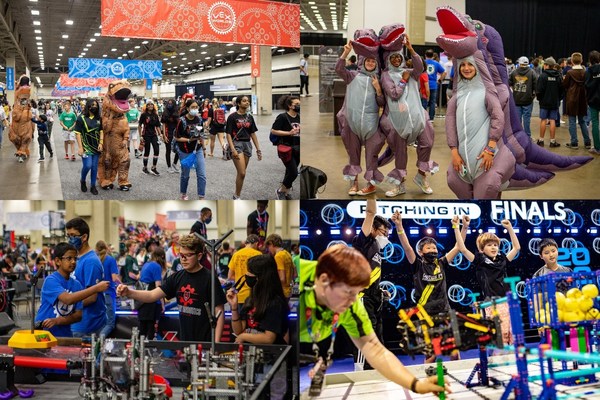 賽隊陸續(xù)入場(左上)，盛裝出席的賽隊(右上)，VEX VRC 比賽現(xiàn)場(左下)，VEX IQ 賽隊為獲勝歡呼(右下）