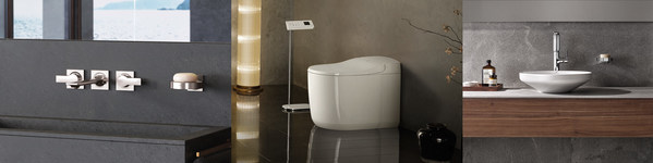 從左到右：德國高儀SPA新雅律三孔墻出水面盆龍頭；德國高儀雅瑞娜智能座廁；德國高儀SPA艾瑞歐纖薄盆