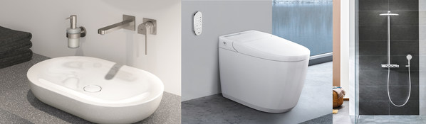 從左到右：德國高儀譜樂詩墻出面盆龍頭；德國高儀艾吉娜智能座廁暢享版；德國高儀瑞雨智能控制恒溫淋浴系統(tǒng)