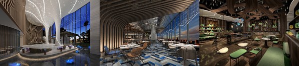 從左至右：常州星河萬麗酒店大堂效果圖、燃餐廳效果圖、逸庭吧效果圖