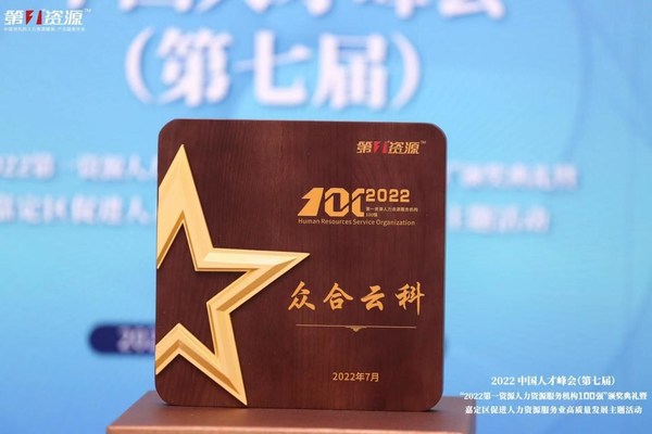 再獲殊榮 眾合云科榮登2022第一資源人力資源服務(wù)機構(gòu)100強