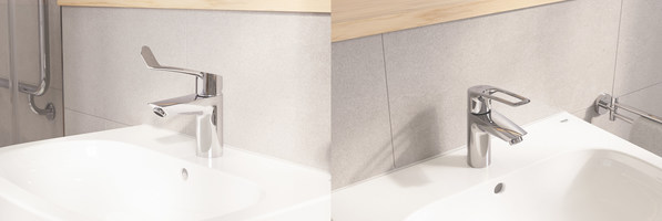 從左往右：帶長手柄設計的歐瑞斯瑪面盆龍頭；帶空心手柄設計的歐瑞斯瑪面盆龍頭