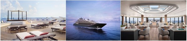 從左至右：水療中心露臺(tái)，Evrima游輪外觀，觀景間室內(nèi)設(shè)計(jì)