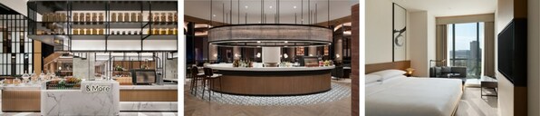 從左至右：西安浐灞喜來登酒店：&More by Sheraton 咖啡吧、橢圓吧（Oval Bar）西安浐灞萬楓酒店：萬楓大床房