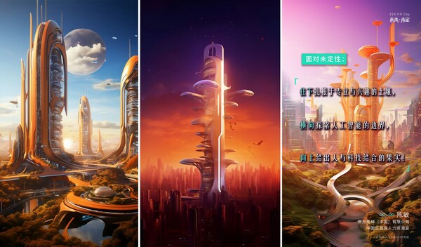 （圖為人力資源高管與AI共創(chuàng)的海報(bào)，通過(guò)三輪文本描述交互，以未來(lái)城市的車水馬龍來(lái)體現(xiàn)人與科技的關(guān)系）