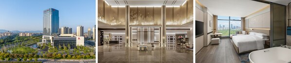 從左至右依次為-紹興上虞萬豪酒店外觀、大堂、大床房