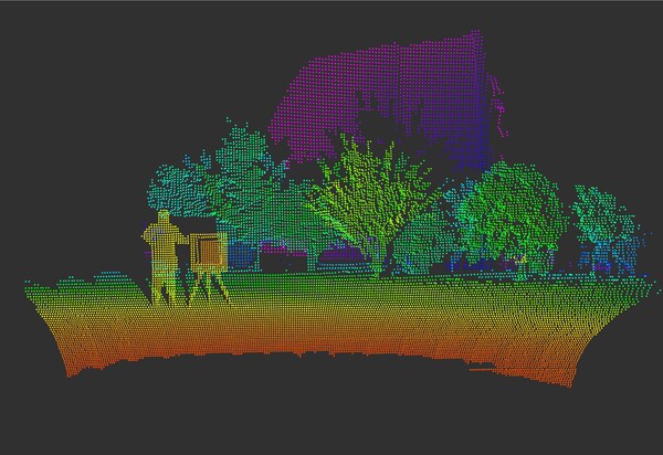 識(shí)光 2D 分區(qū)掃描方案實(shí)測(cè)點(diǎn)云：僅高反板覆蓋到的 2D 分區(qū)發(fā)生高反污染