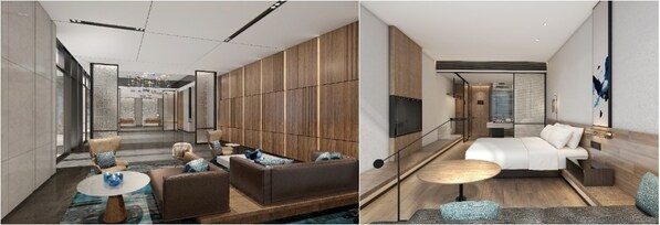 從左至右（效果圖）：舟山普陀萬(wàn)楓酒店大堂、舟山普陀萬(wàn)楓酒店客房