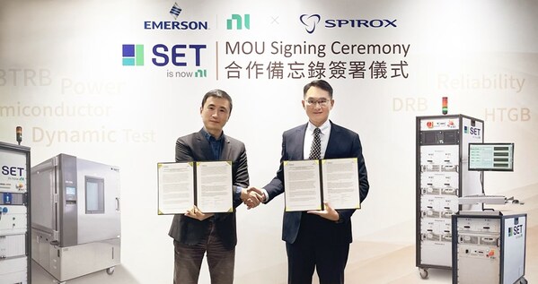 蔚華科技攜手恩艾（艾默生／NI）簽署合作備忘錄，宣布共建亞太首座功率半導(dǎo)體動(dòng)態(tài)可靠度驗(yàn)證實(shí)驗(yàn)室。（左：艾默生測(cè)試與測(cè)量業(yè)務(wù)集團(tuán)（恩艾／NI）中國(guó)區(qū)總經(jīng)理喬??；右：蔚華科技總經(jīng)理?xiàng)顮d州）