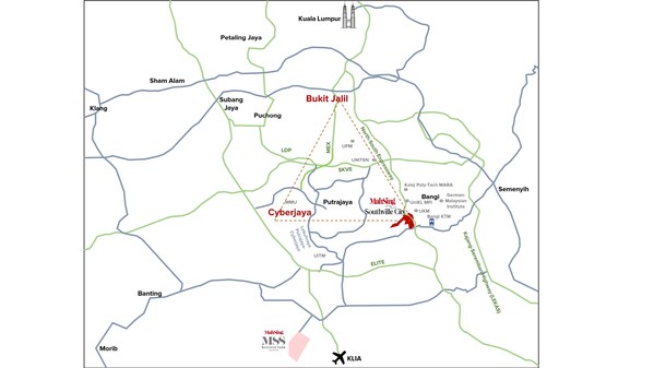 Mah Sing DC Hub@Southville City與賽城和武吉加里爾形成數(shù)據(jù)中心樞紐戰(zhàn)略三角區(qū)，兩者距離Mah Sing DC Hub約20公里。