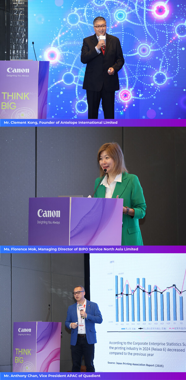 多名講者于研討會(huì)中分享真知灼見，包括（由上起）Antelope International Limited始創(chuàng)人康錦權(quán)先生探索代理式人工智能（Agentic AI）如何重塑未來(lái)商業(yè)模式；BIPO Service North Asia Limited北亞區(qū)董事總經(jīng)理莫綺慧女士講解如何善用SaaS與自動(dòng)化技術(shù)靈活適應(yīng)人力市場(chǎng)轉(zhuǎn)型；及Quadient副總裁陳俊杰先生闡述統(tǒng)一多渠道溝通平臺(tái)如何開發(fā)潛在客戶與提升客戶體驗(yàn)。
