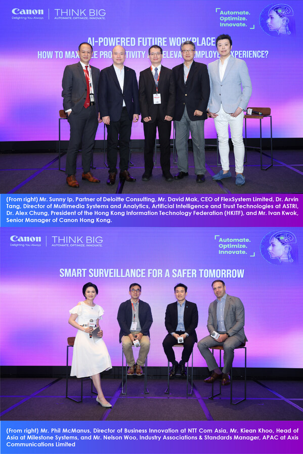 在兩場(chǎng)座談會(huì)中，（上右起） 德勤諮詢合夥人葉子陽(yáng)先生、FlexSystem Limited行政總裁麥永光先生、香港應(yīng)用科技研究院人工智慧及可信技術(shù)多媒體系統(tǒng)與分析總監(jiān)鄧羽真博士、香港資訊科技商會(huì)會(huì)長(zhǎng)鐘孝揚(yáng)博士及佳能香港高級(jí)經(jīng)理郭奕新先生，討論未來(lái)職場(chǎng)如何透過(guò)人工智能促進(jìn)生產(chǎn)力與員工體驗(yàn)；（下右起）NTT Com Asia業(yè)務(wù)創(chuàng)新總監(jiān)Phil McManus先生、Milestone Systems亞洲區(qū)負(fù)責(zé)人Kiean Khoo先生及Axis Communications Limited亞太區(qū)行業(yè)協(xié)會(huì)與標(biāo)準(zhǔn)經(jīng)理胡洋先生，探討以智能監(jiān)控共創(chuàng)更安全的未來(lái)。