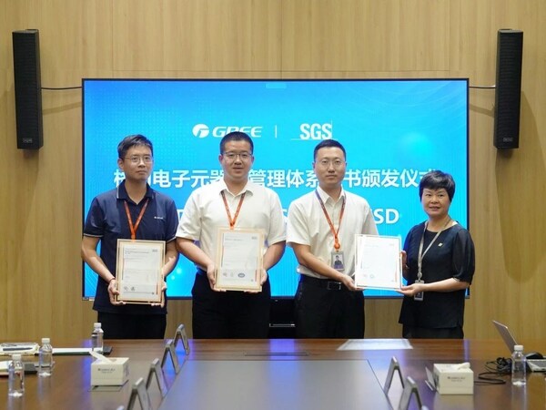 SGS為格力電器旗下珠海格力電子元器件有限公司頒發(fā)ISO 9001質(zhì)量管理體系、IATF 16949汽車質(zhì)量管理體系及ANSI/ESD S20.20-2021靜電防護管理體系認證證書