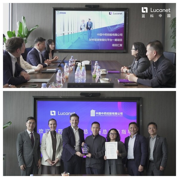 中藥控股副總裁、財(cái)務(wù)總監(jiān)-沈黎新(右四），財(cái)務(wù)中心總監(jiān)楊洋（右三），藍(lán)科全球CEO-Elias Apel（左三）