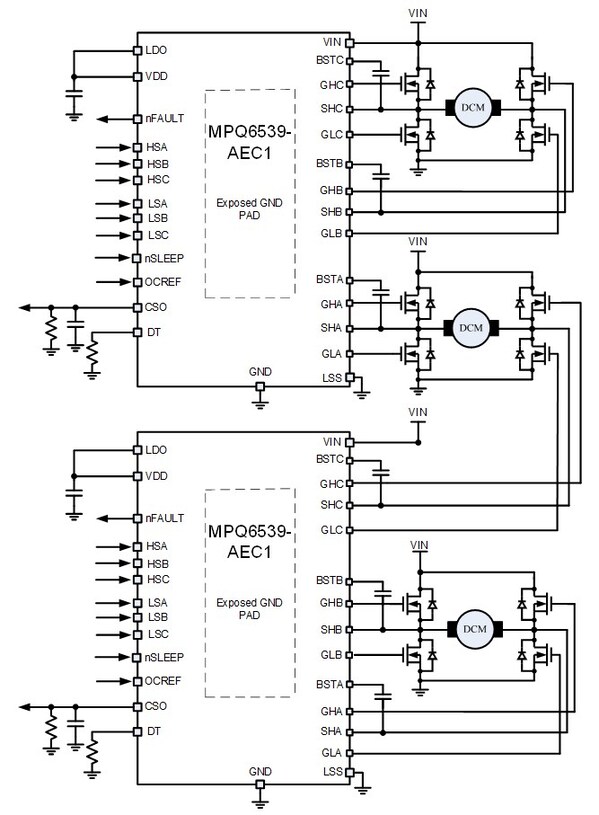 兩個MPQ6539-AEC1級聯(lián)驅(qū)動三個BDC典型應(yīng)用圖