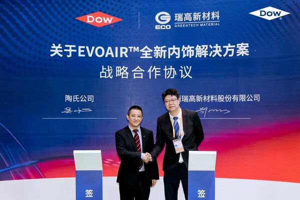 陶氏公司包裝與特種塑料事業(yè)部大中華區(qū)資深銷售總監(jiān)吳昶先生（左）與蘇州瑞高新材料股份有限公司總經(jīng)理李泓波（右）代表雙方簽署協(xié)議