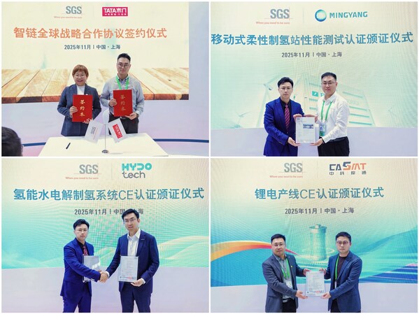 左上：SGS與TATA木門率先簽署智鏈全球戰(zhàn)略合作協(xié)議，右上：SGS為明陽集團移動式柔性制氫站出具性能測試認證證書，左下：SGS為海德氫能頒發(fā)水電解制氫系統(tǒng)CE認證證書，右下：SGS為中科摩通鋰電產線頒發(fā)CE認證證書
