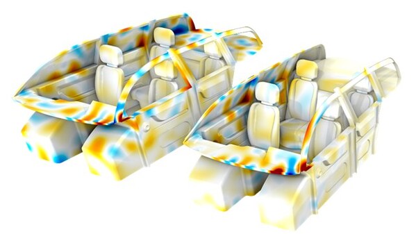 得益于 6.4 版本中的 NVIDIA&reg; GPU 加速技術(shù)，圖中展示的汽車座艙內(nèi)的聲學(xué)仿真可實(shí)現(xiàn)更快速且更具擴(kuò)展性的分析。